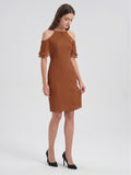 Terracotta Chiffon Sheath Off-the-Shoulder Back Zip Knee-Length Ruffle Bridesmaid Dress