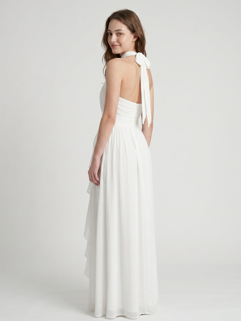 Ivory Chiffon A-Line Halter Bow Back Floor-Length Ruffle Bridesmaid Dress