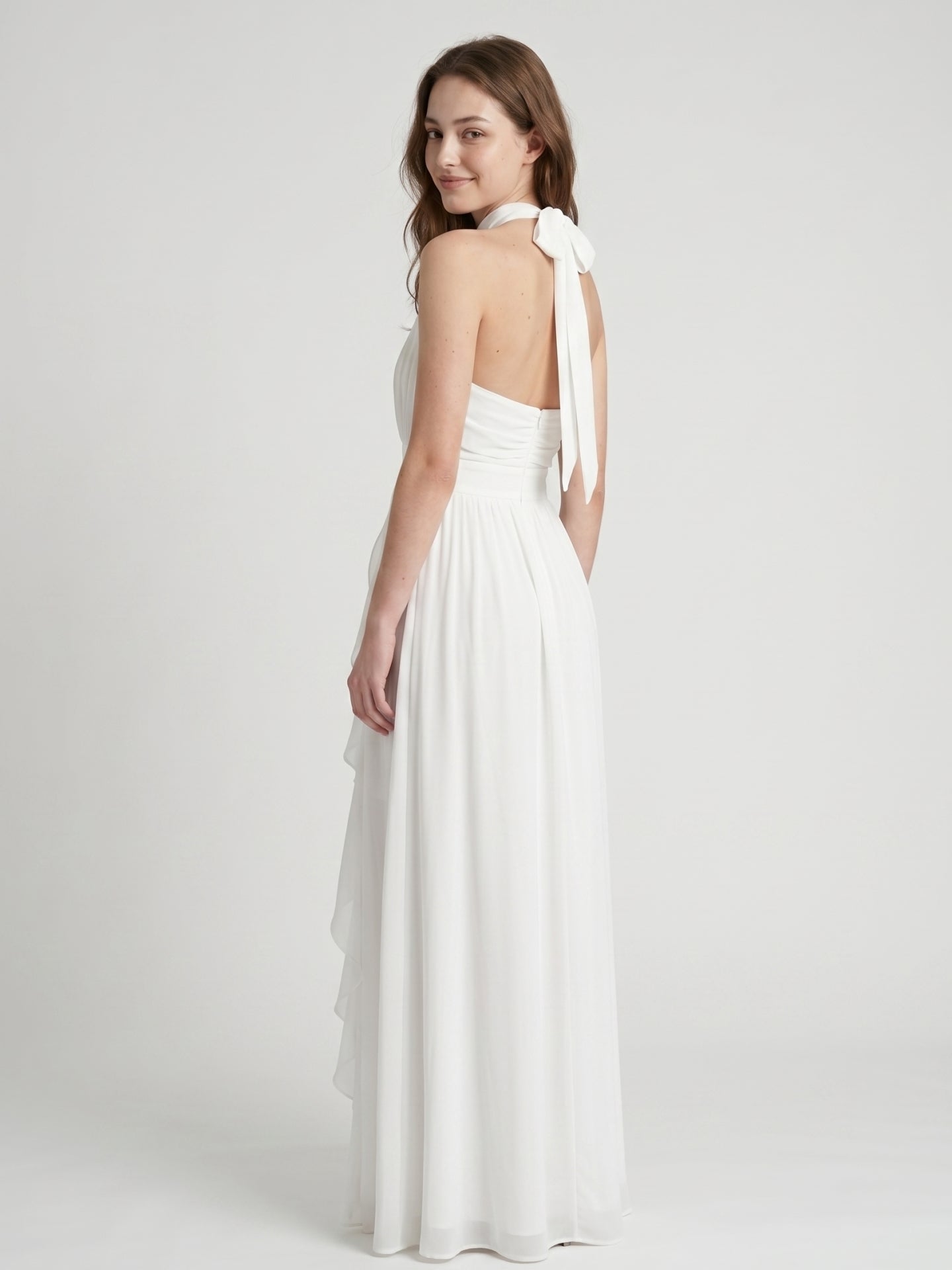 Ivory Chiffon A-Line Halter Bow Back Floor-Length Ruffle Bridesmaid Dress