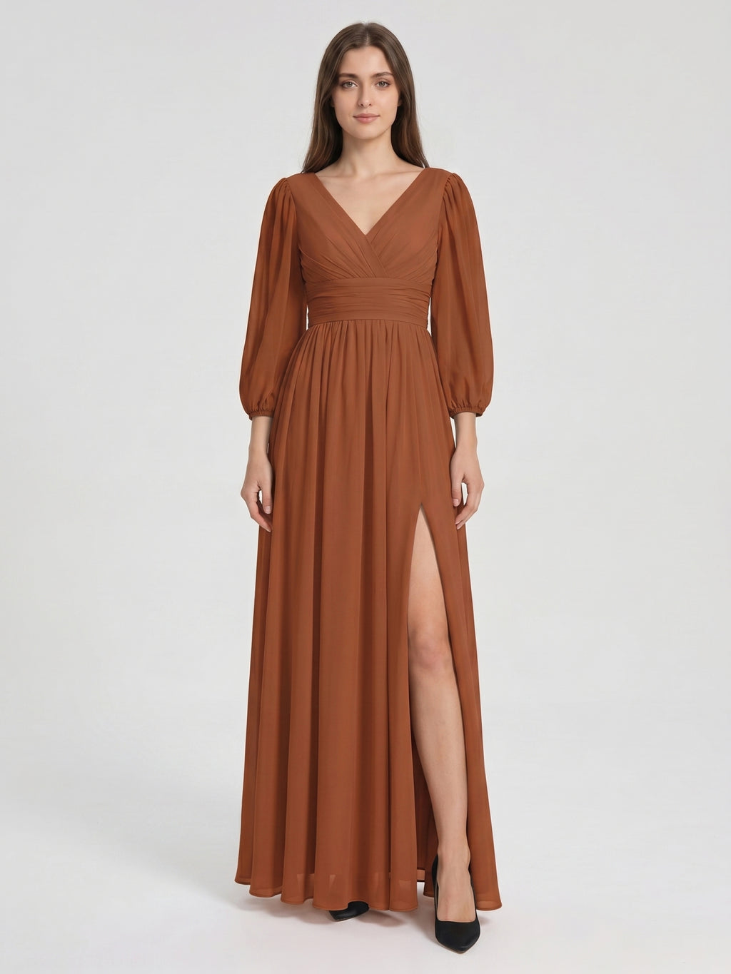 Terracotta Chiffon A-Line V-Neck V-Back Ankle-Length Pleated Bridesmaid Dress