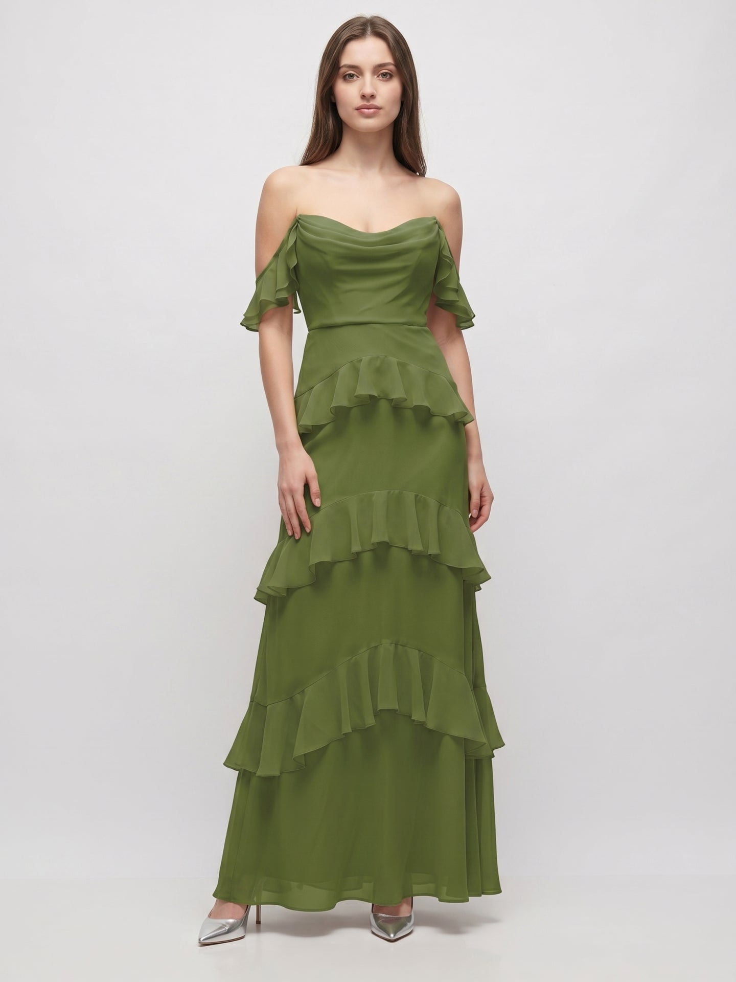 Olive Green Chiffon Sheath Off-the-Shoulder Back Zip Floor-Length Ruffle Bridesmaid Dress