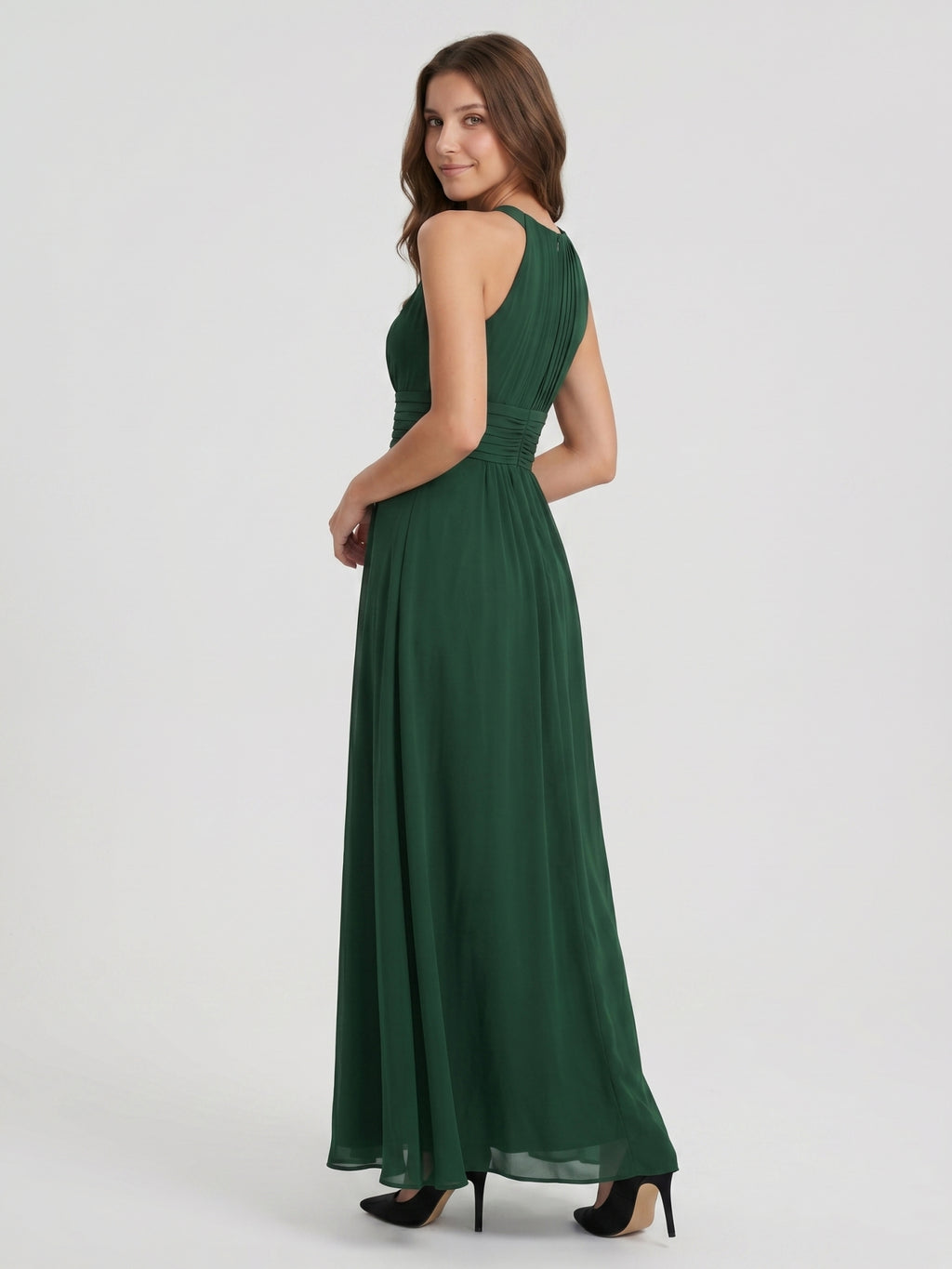 Forest Green Chiffon A-Line Halter Back Zip Floor-Length Pleated Bridesmaid Dress