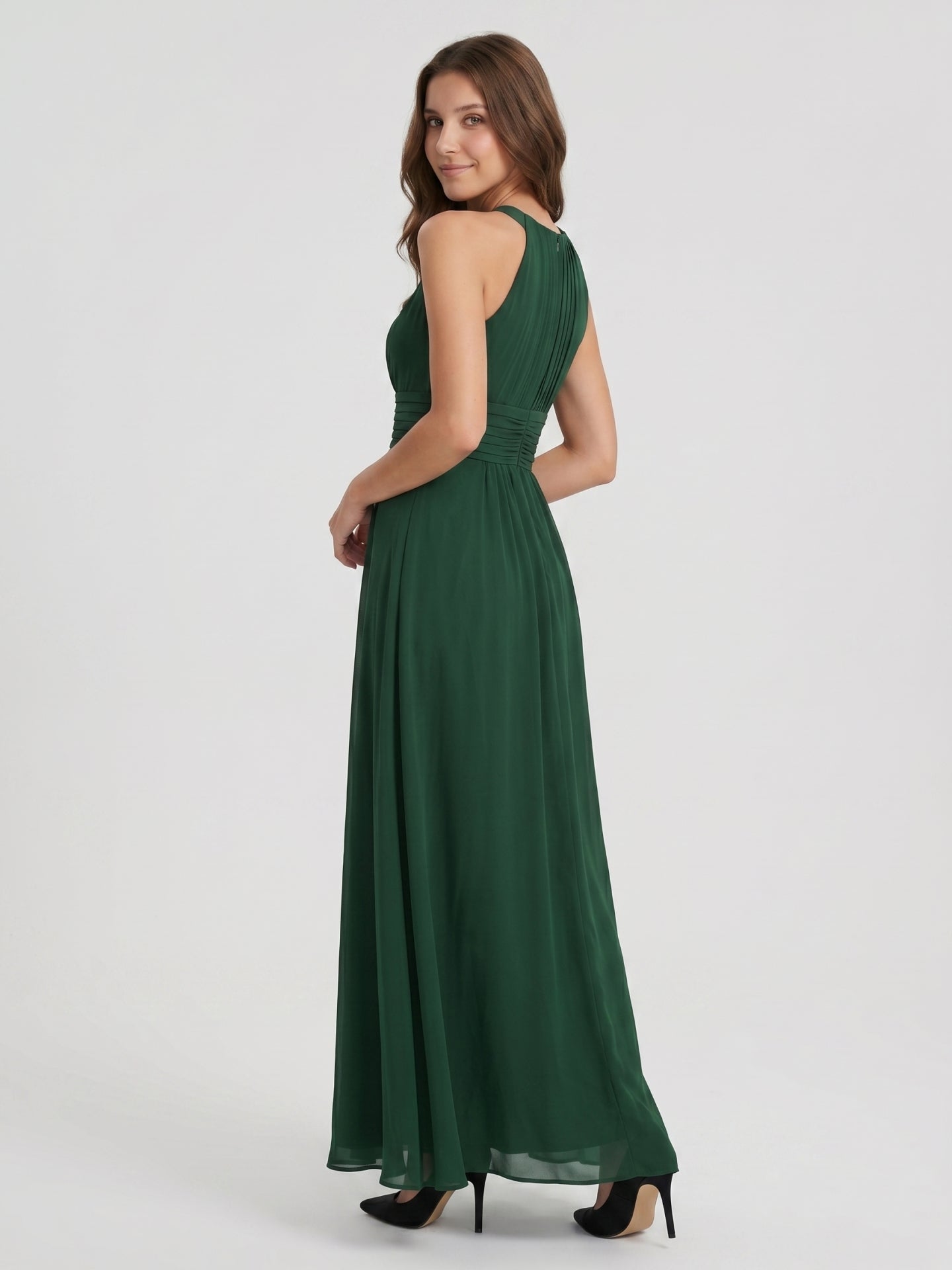 Forest Green Chiffon A-Line Halter Back Zip Floor-Length Pleated Bridesmaid Dress