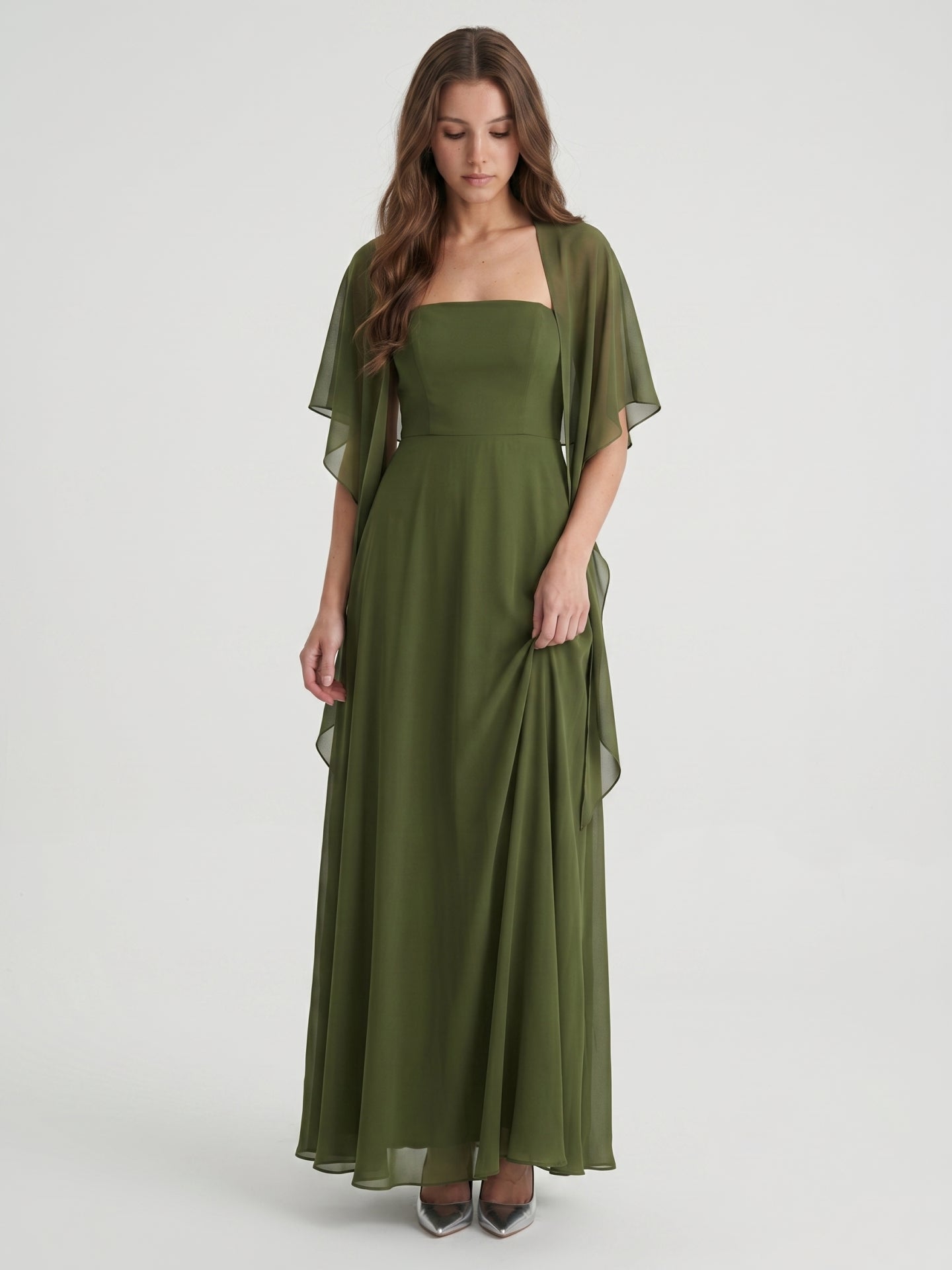 Olive Green Chiffon A-Line Straight Neck Backless Floor-Length Bridesmaid Dress with Cape