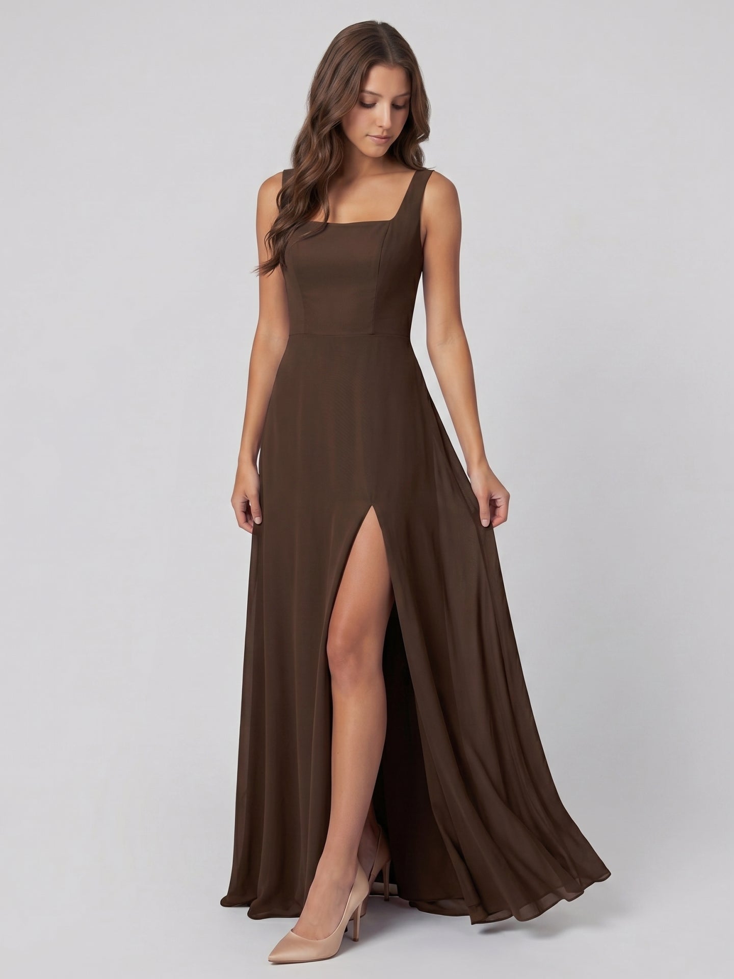 Mocha Chiffon A-Line Square Neck Backless Floor-Length Bridesmaid Dress