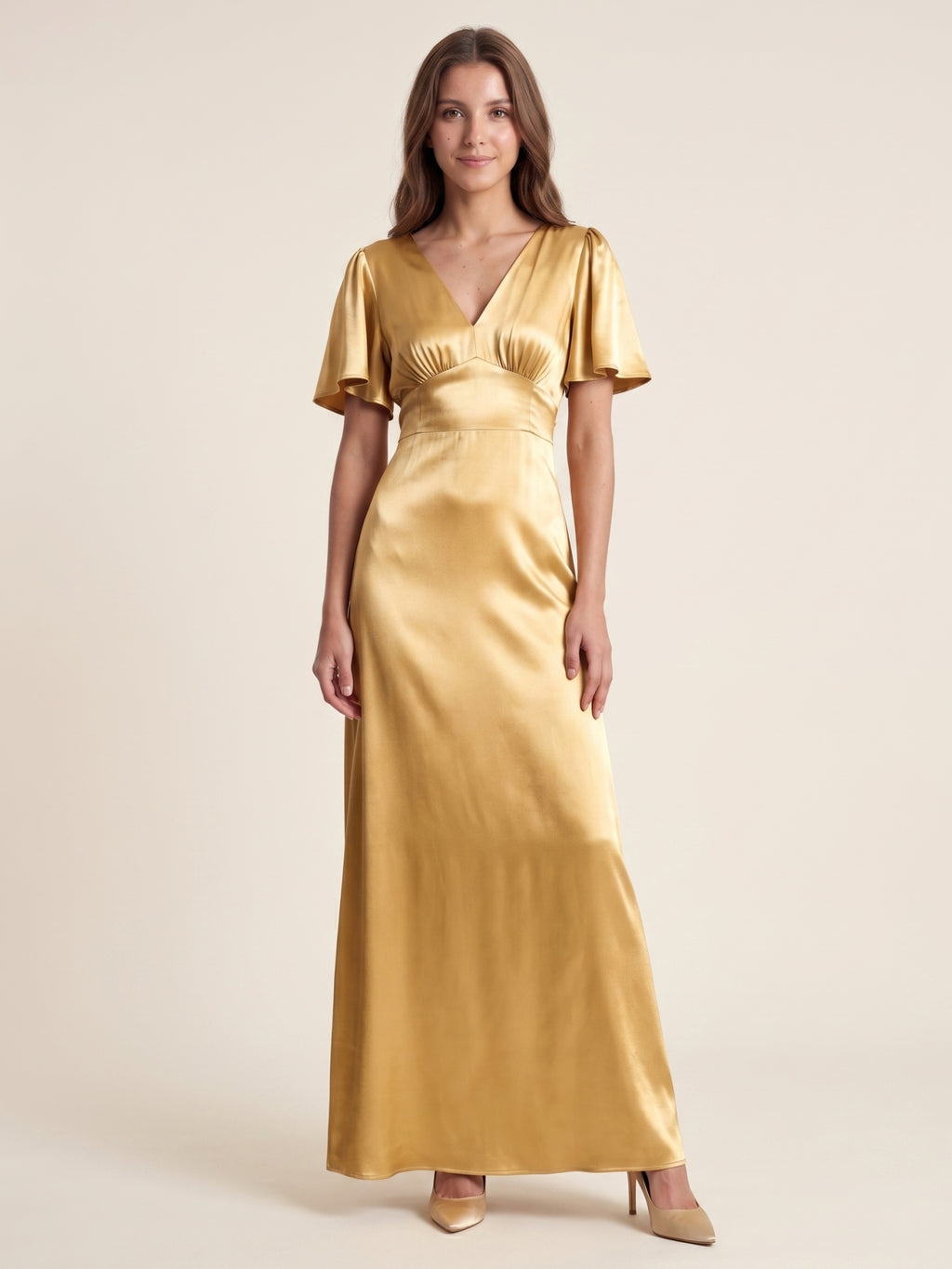 Elegant Gold Satin A-Line V-Neck V-Back Ankle-Length Bridesmaid Dress