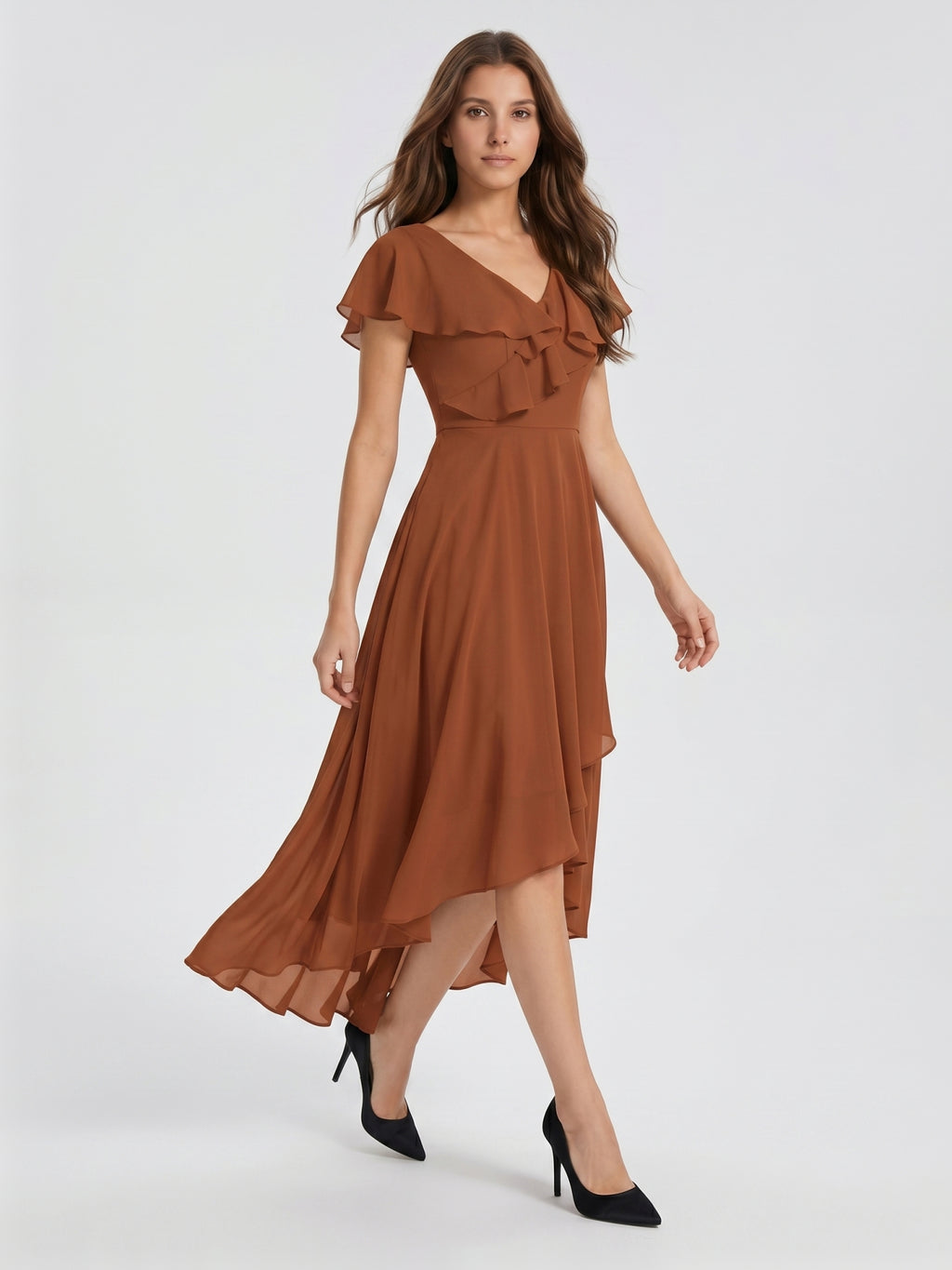 Terracotta Chiffon A-Line V-Neck V-Back Asymmetrical Ruffle Bridesmaid Dress