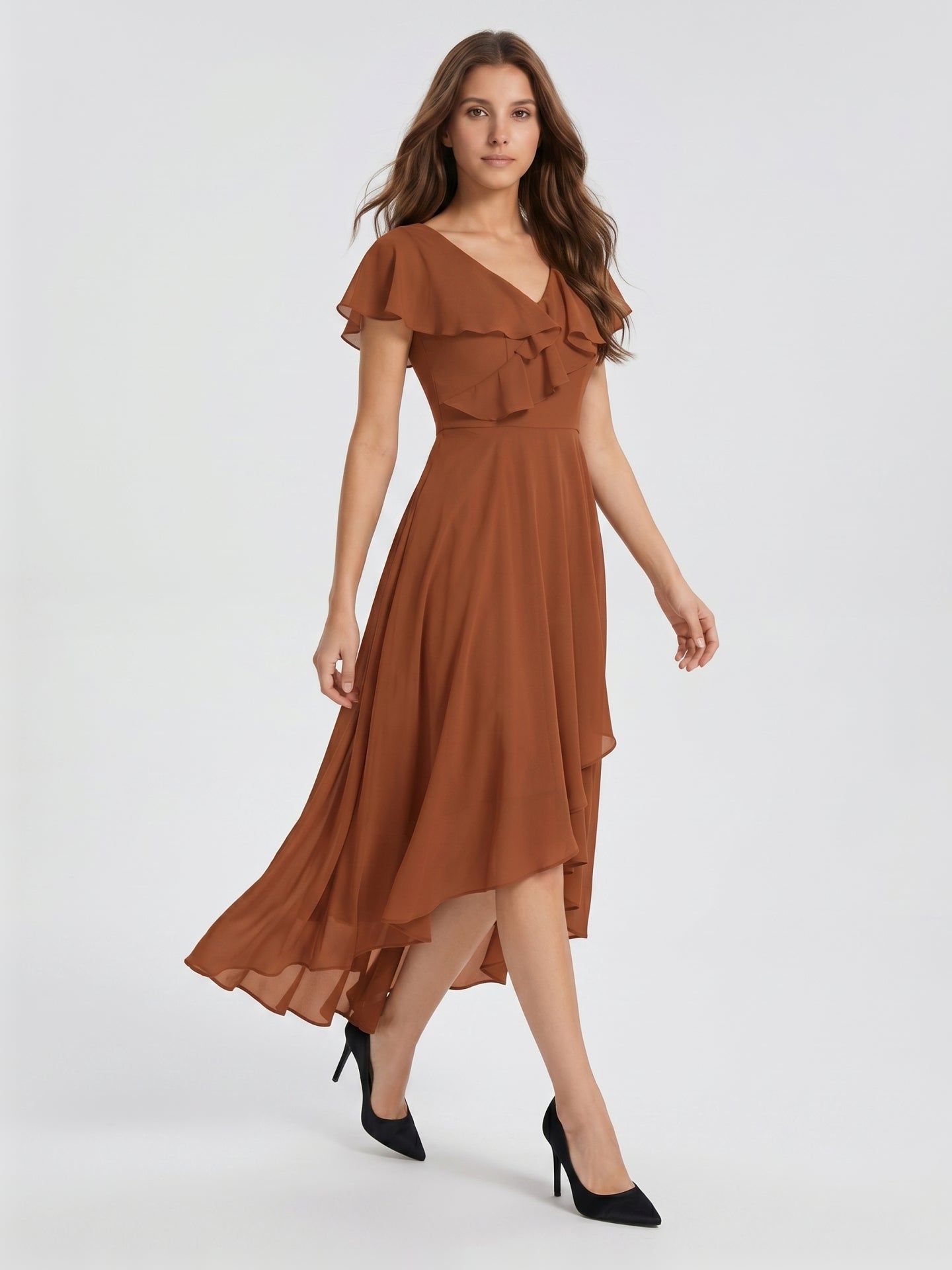 Terracotta Chiffon A-Line V-Neck V-Back Asymmetrical Ruffle Bridesmaid Dress