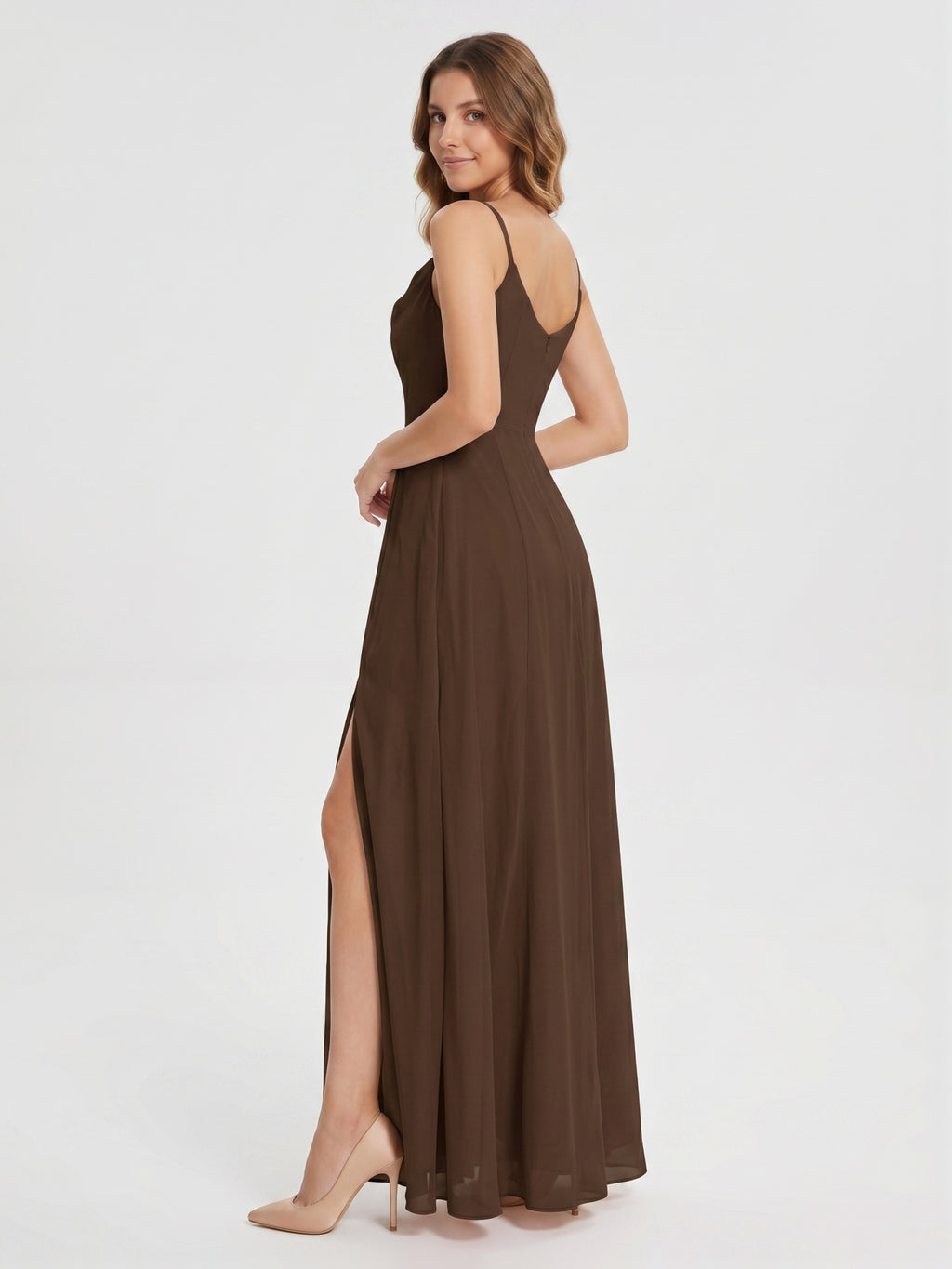 Mocha Chiffon Sheath Cowl Neck Backless Ankle-Length Bridesmaid Dress