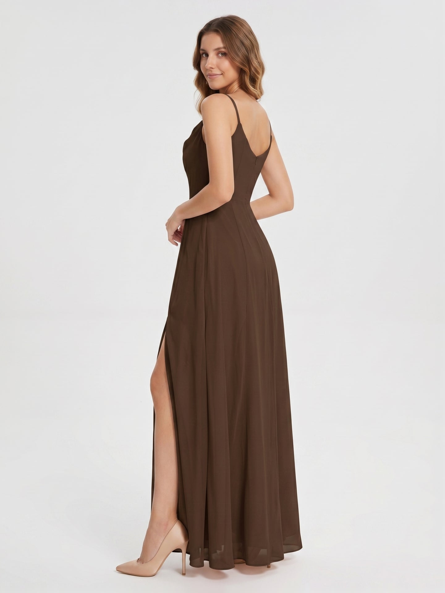 Mocha Chiffon Sheath Cowl Neck Backless Ankle-Length Bridesmaid Dress