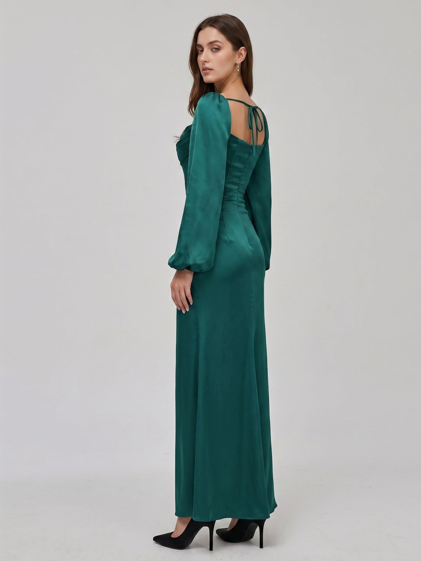 Peacock Satin Sheath Cowl Neck Back Zip Floor-Length Bridesmaid Dress