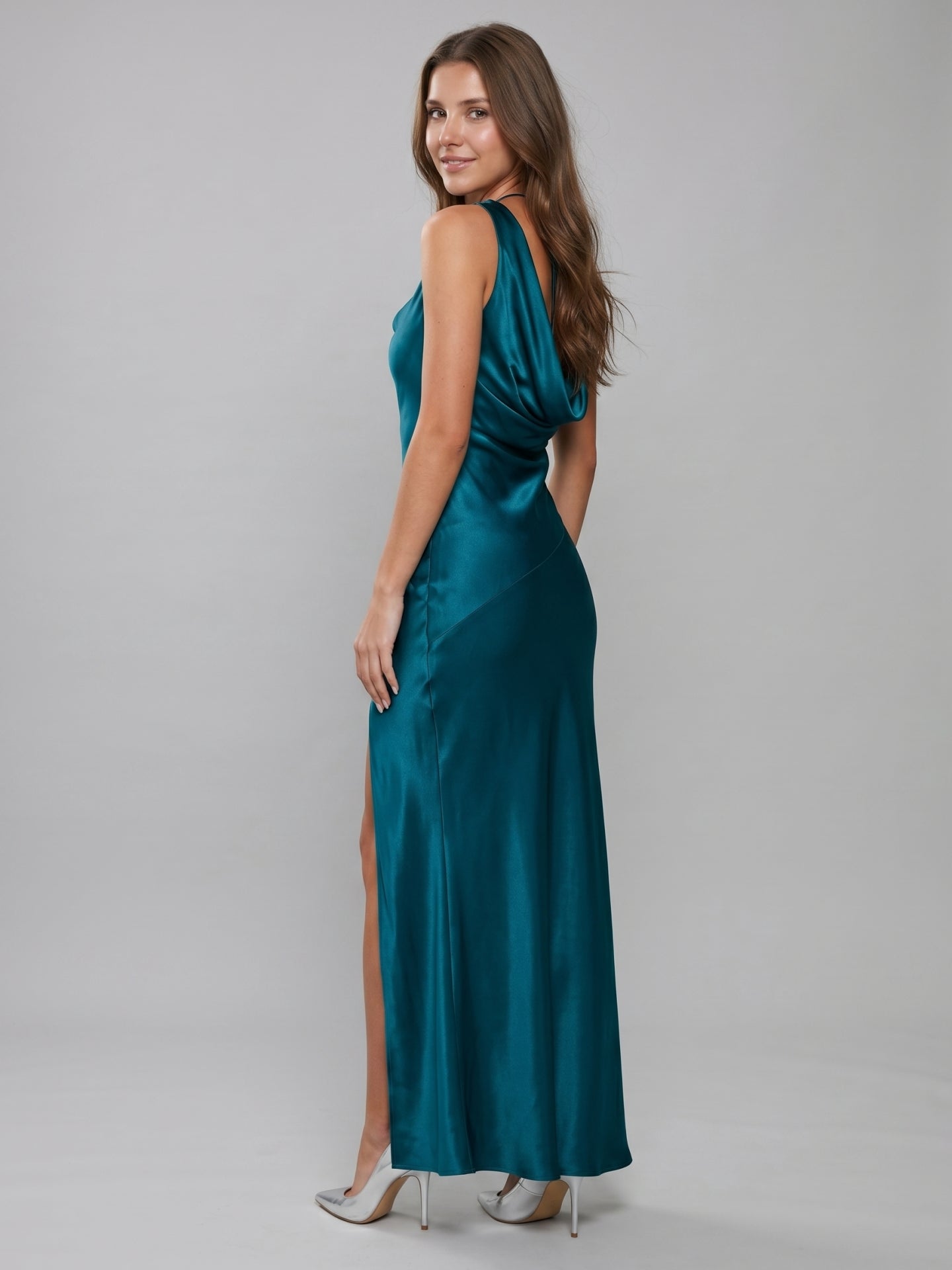 Teal Satin Sheath Cowl Neck Backless Ankle-Length Bridesmaid Dress