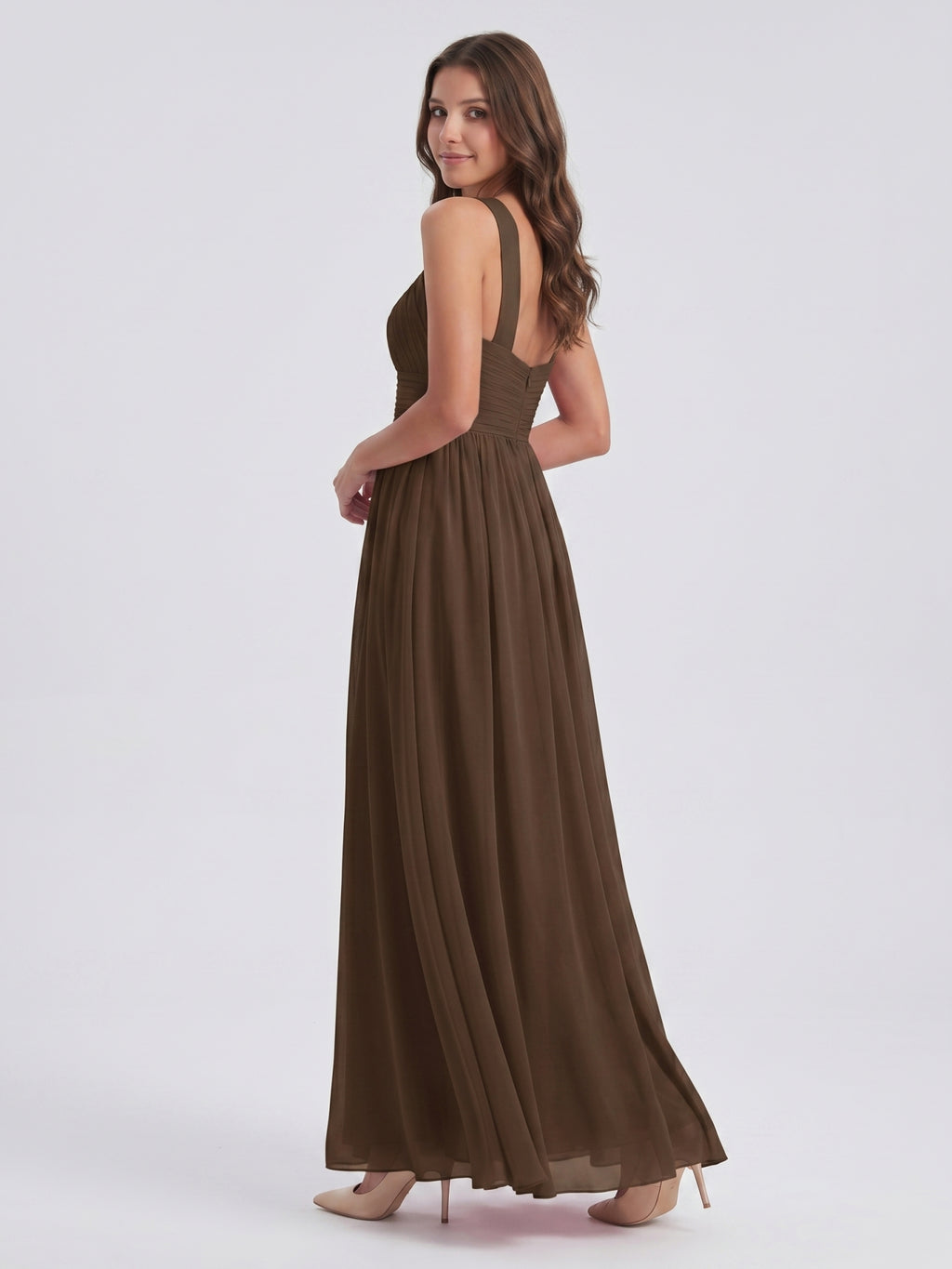 Mocha Chiffon A-Line Halter Backless Floor-Length Bridesmaid Dress