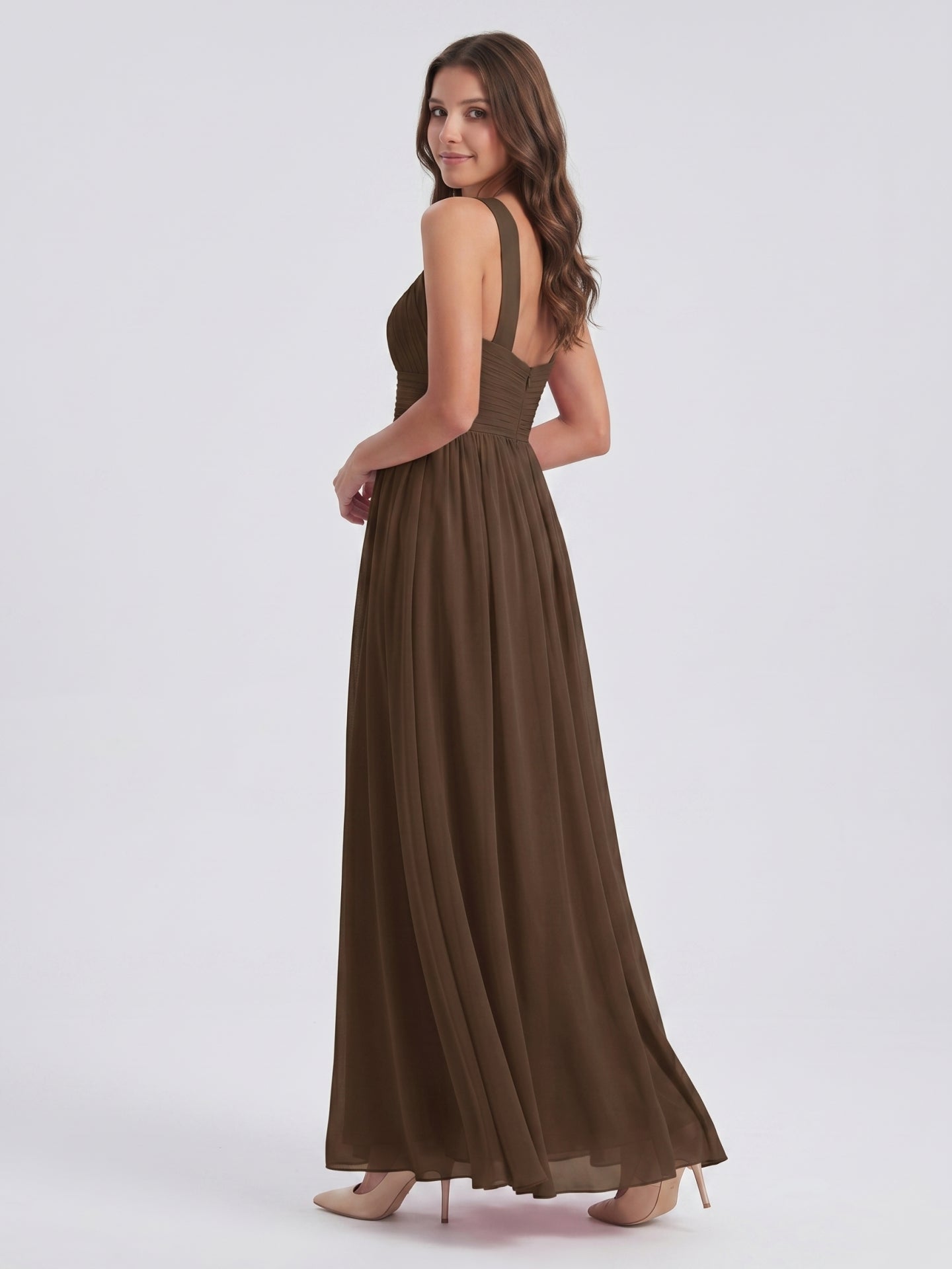 Mocha Chiffon A-Line Halter Backless Floor-Length Bridesmaid Dress
