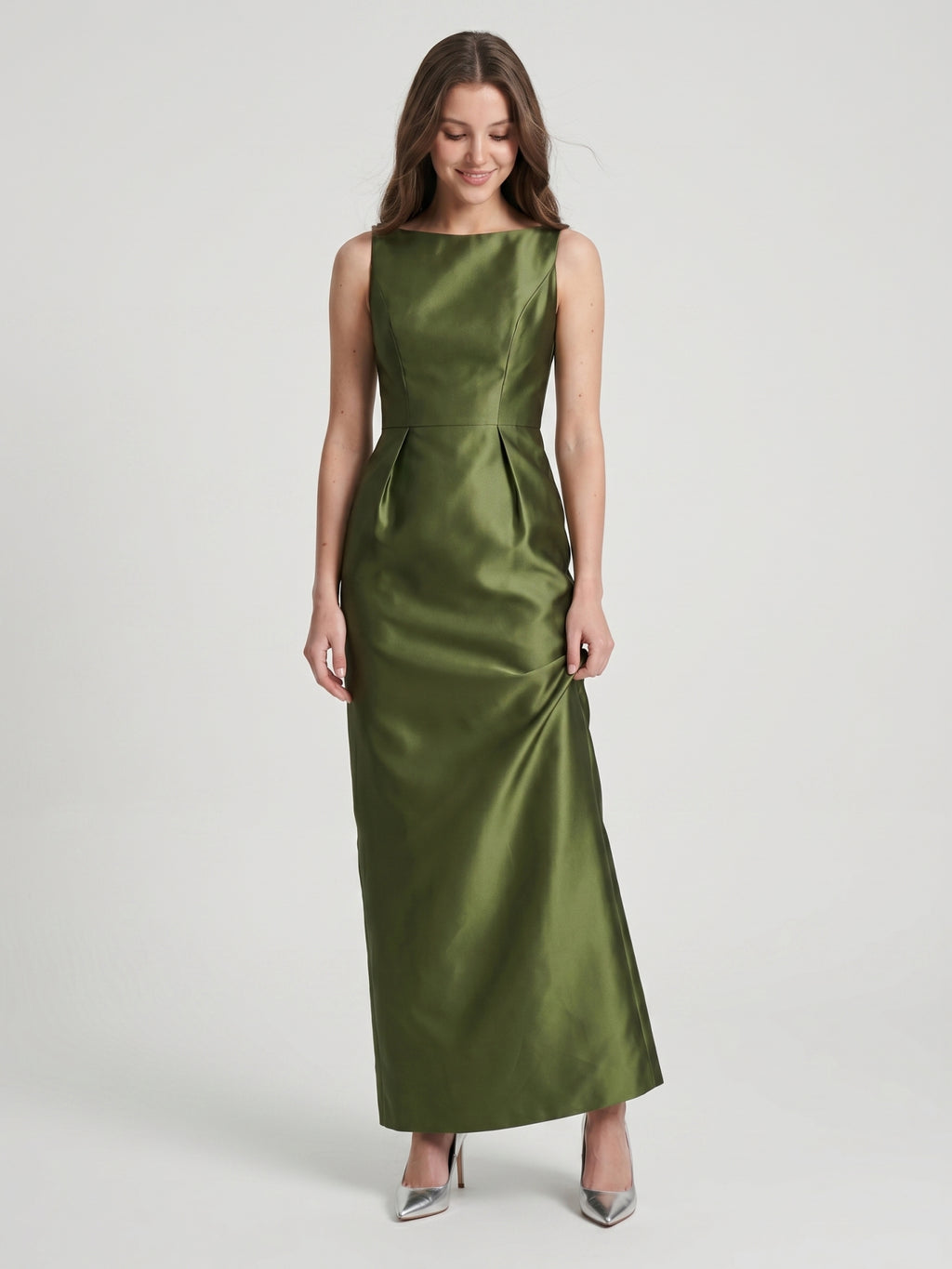 Olive Green Satin Column Straight Neck V-Back Floor-Length Bridesmaid Dress with Pockets