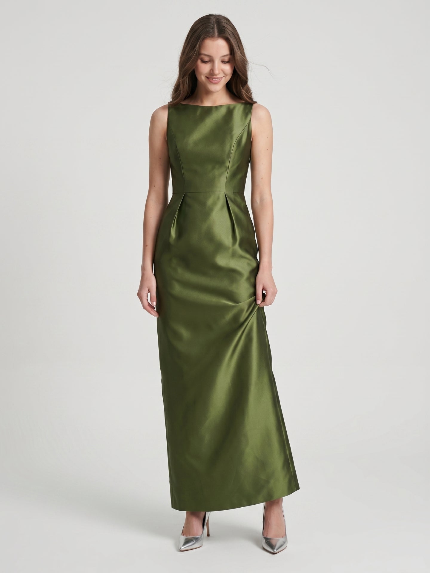 Olive Green Satin Column Straight Neck V-Back Floor-Length Bridesmaid Dress with Pockets