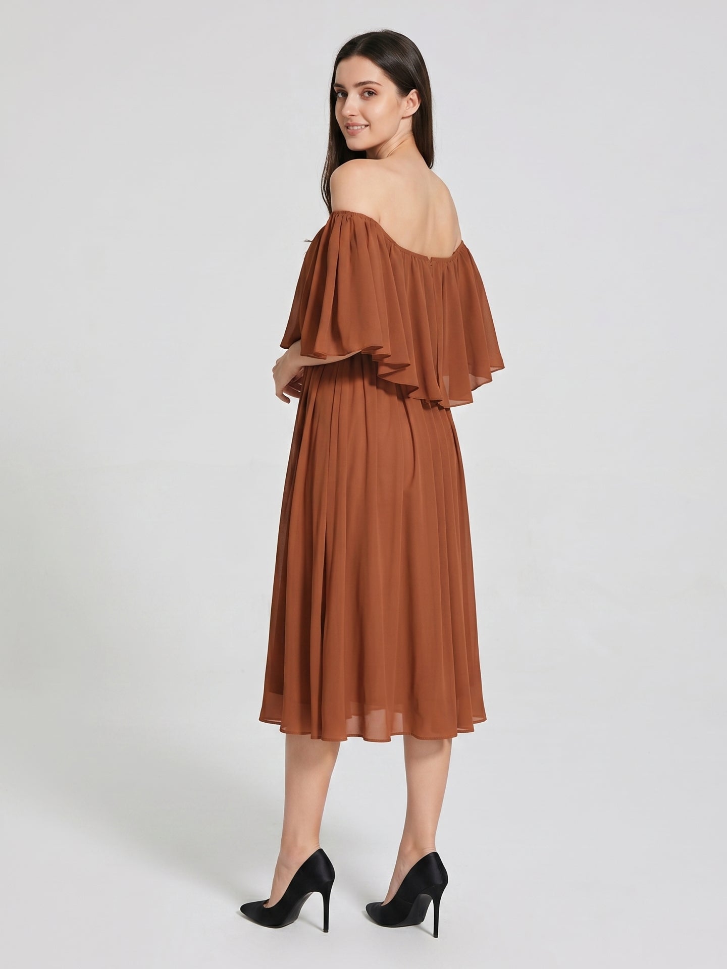 Terracotta Chiffon A-Line Off-the-Shoulder Backless Tea-Length Ruffle Bridesmaid Dress
