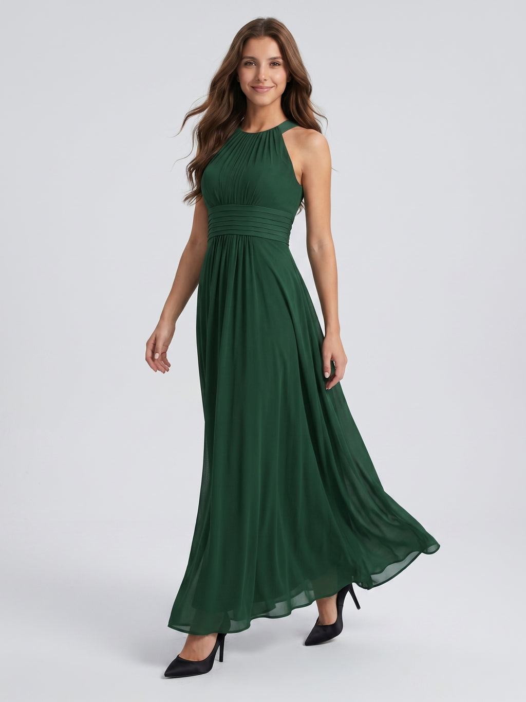 Forest Green Chiffon A-Line Halter Back Zip Floor-Length Pleated Bridesmaid Dress