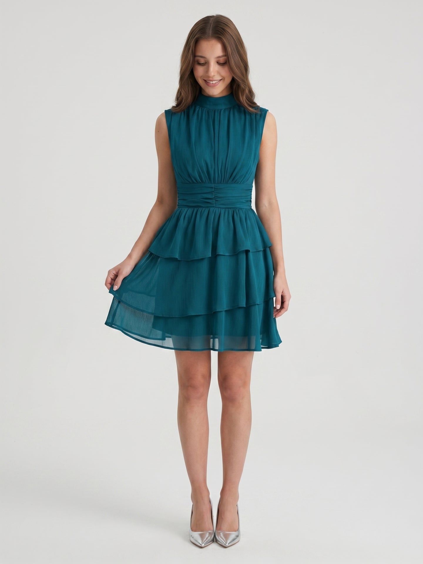 Teal Chiffon A-Line Scoop Neck Back Zip Knee-Length Cascading Ruffle Bridesmaid Dress
