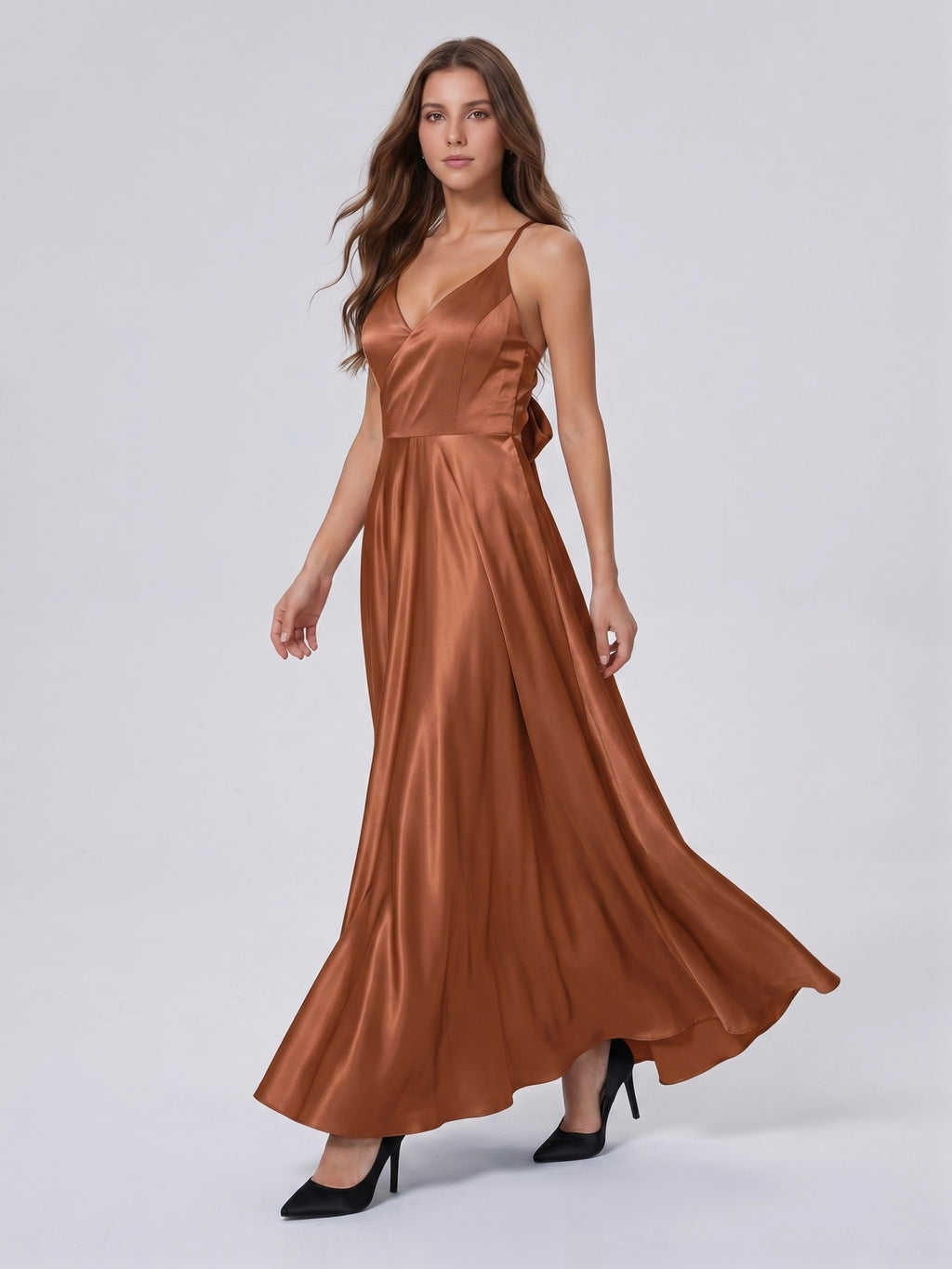 Terracotta Satin A-Line V-Neck Bow Back Floor-Length Bridesmaid Dress with Bow