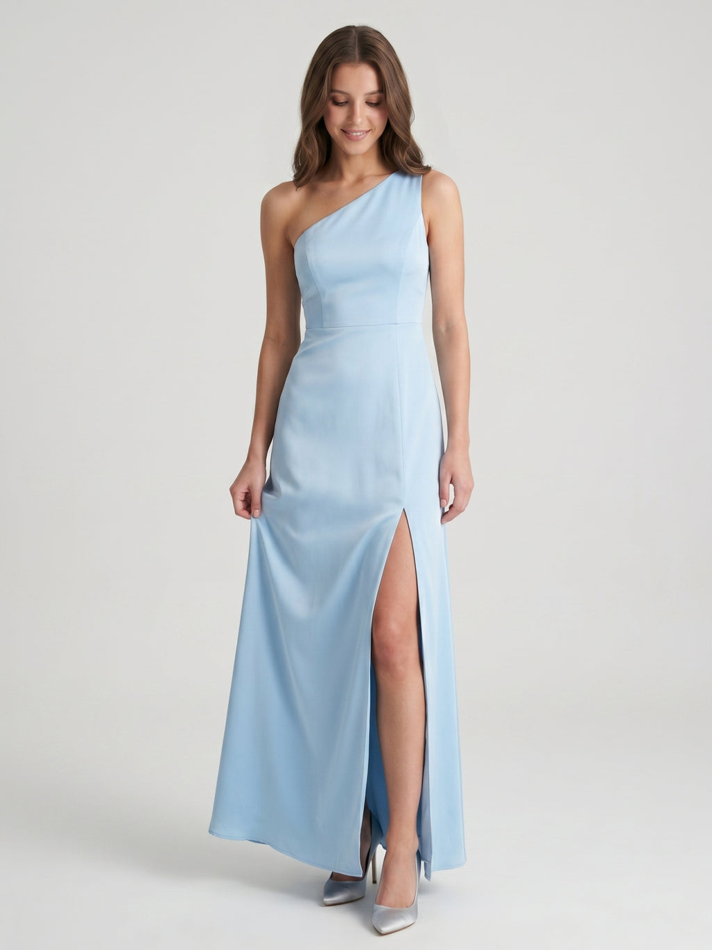 Fluid Sky Blue Matte Satin Trumpet One Shoulder Back Zip Ankle-Length Bridesmaid Dress