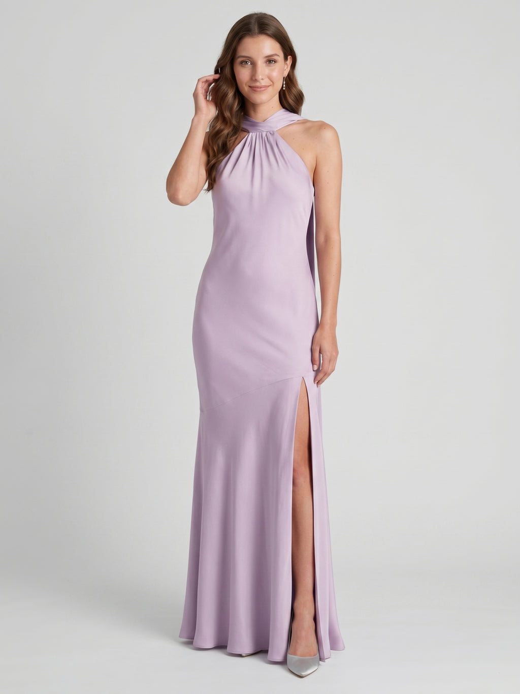 Elegant Lavender Matte Satin Sheath Halter neckline Back Zip Ankle-Length Bridesmaid Dress