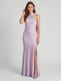 Elegant Lavender Matte Satin Sheath Halter neckline Back Zip Ankle-Length Bridesmaid Dress