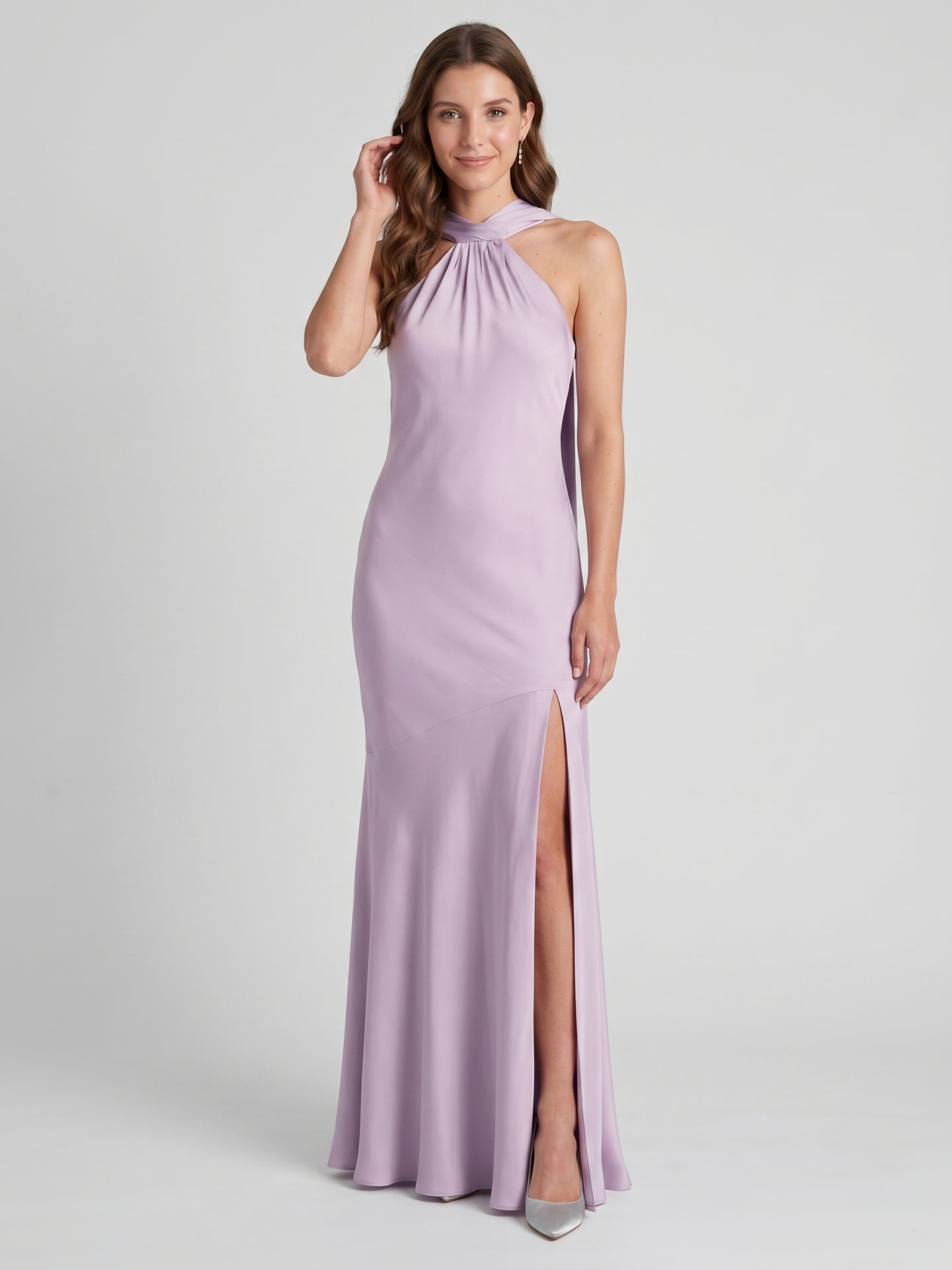 Elegant Lavender Matte Satin Sheath Halter neckline Back Zip Ankle-Length Bridesmaid Dress