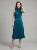 Teal Satin Sheath Scoop Neck Back Zip Tea-Length Bridesmaid Dress