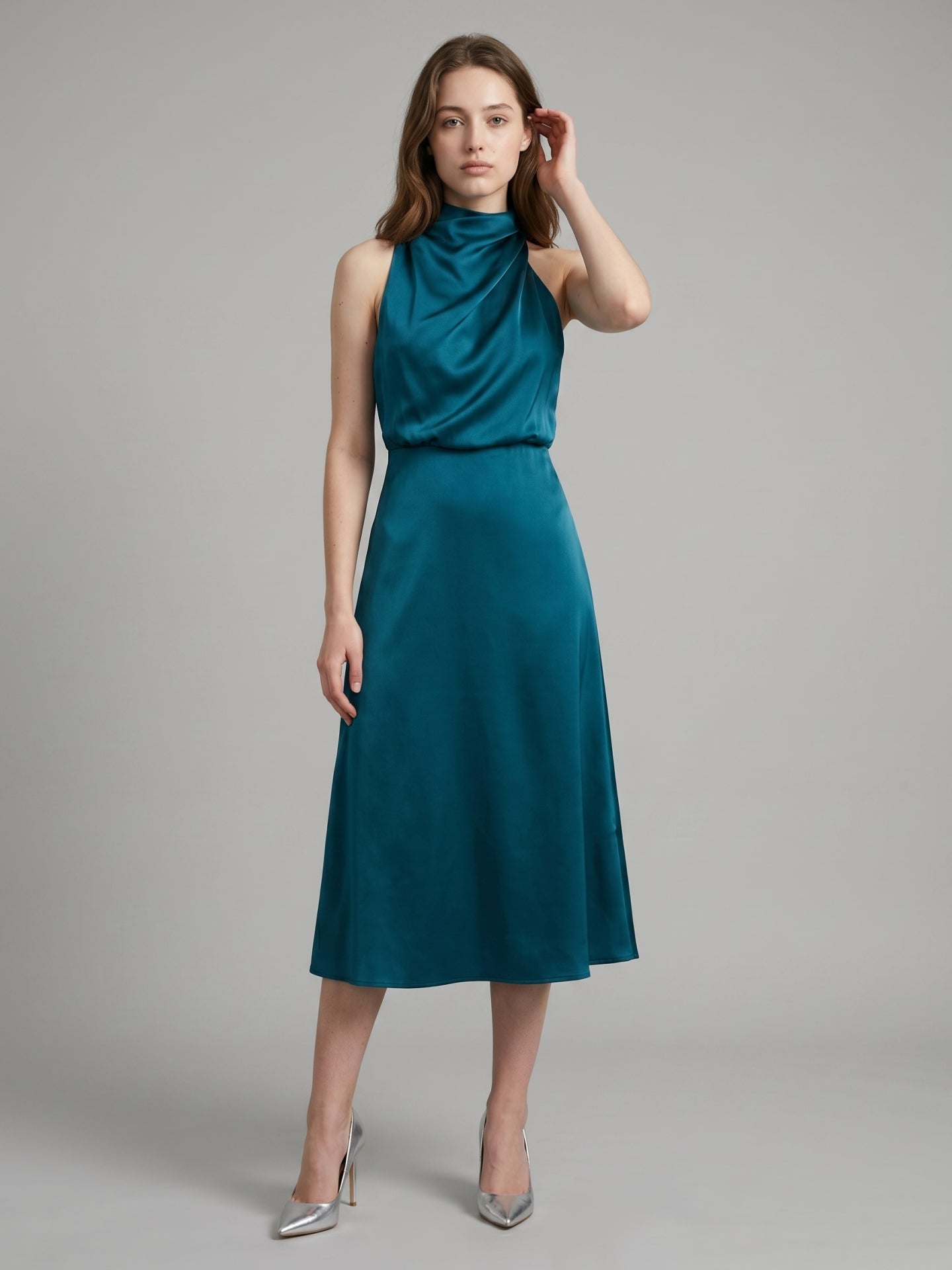 Teal Satin Sheath Scoop Neck Back Zip Tea-Length Bridesmaid Dress