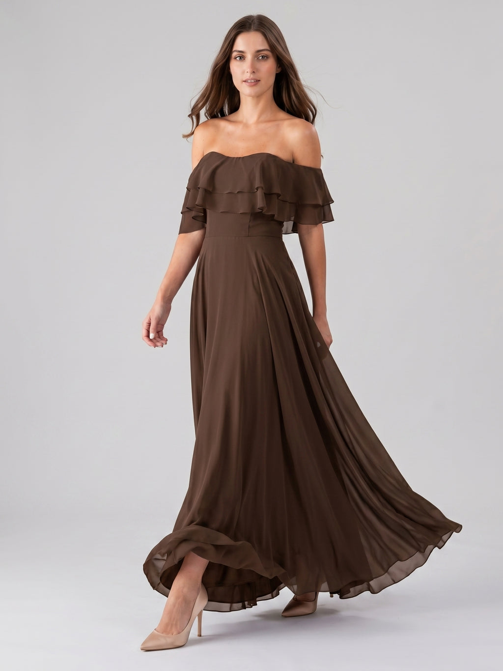 Mocha Chiffon A-Line Off-the-Shoulder Backless Floor-Length Ruffle Bridesmaid Dress