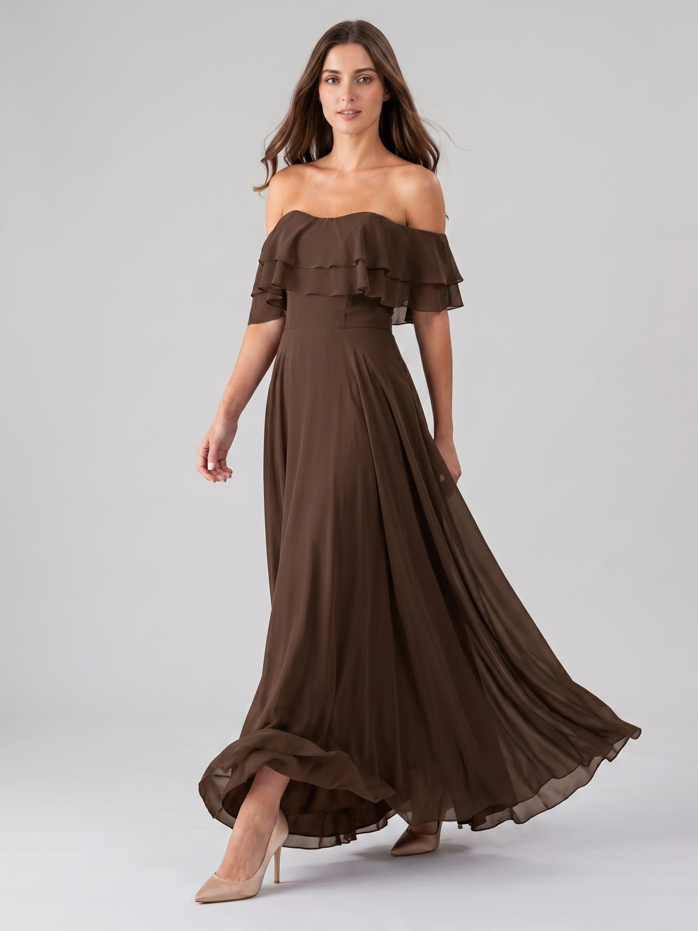 Mocha Chiffon A-Line Off-the-Shoulder Backless Floor-Length Ruffle Bridesmaid Dress