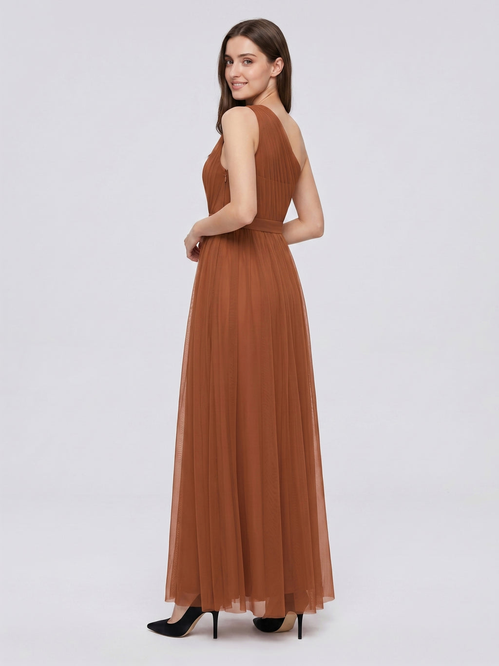 Terracotta Tulle A-Line One Shoulder Back Zip Floor-Length Bridesmaid Dress