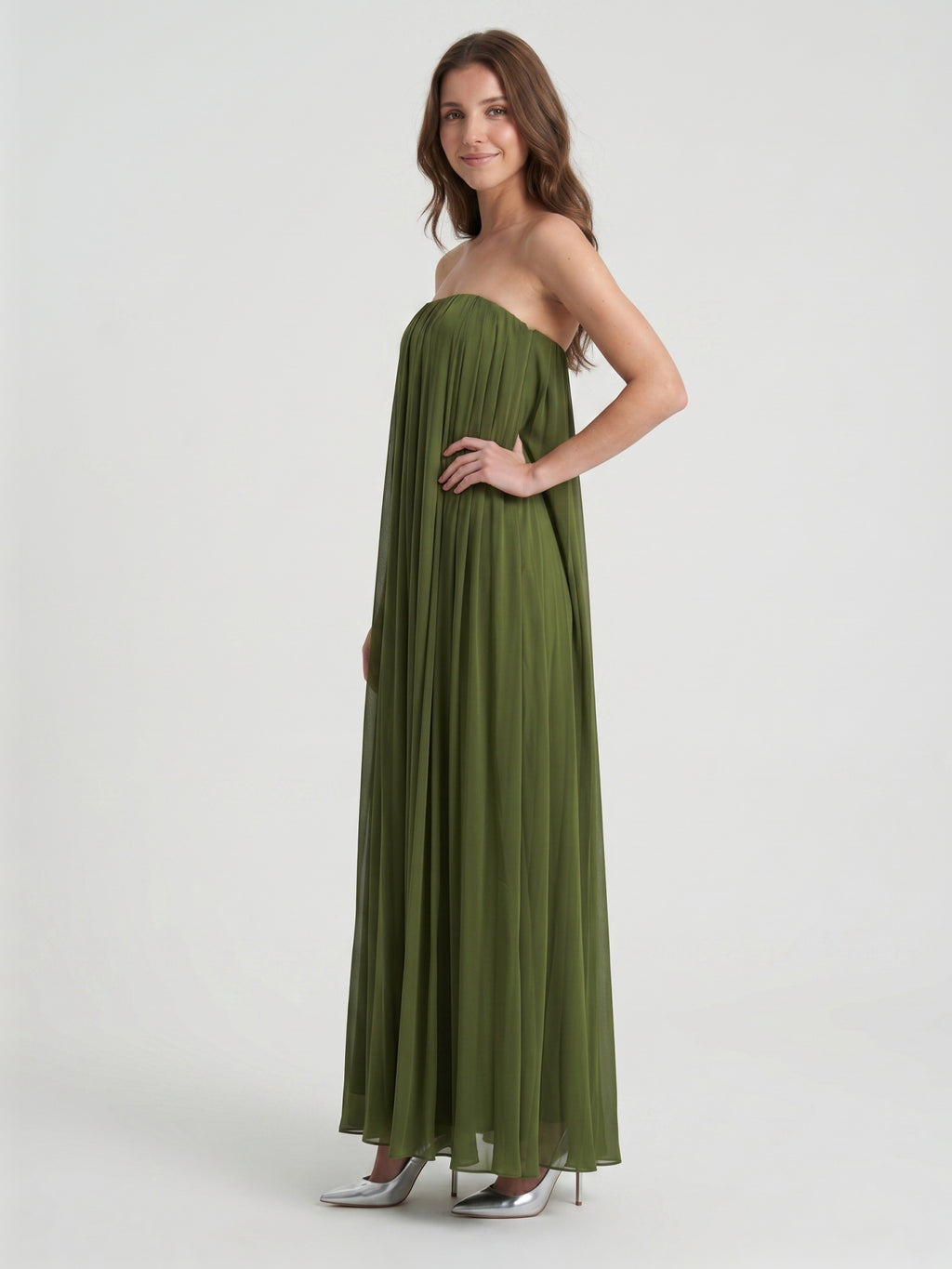 Olive Green Chiffon Sheath Off-the-Shoulder Backless Floor-Length Pleated Dress