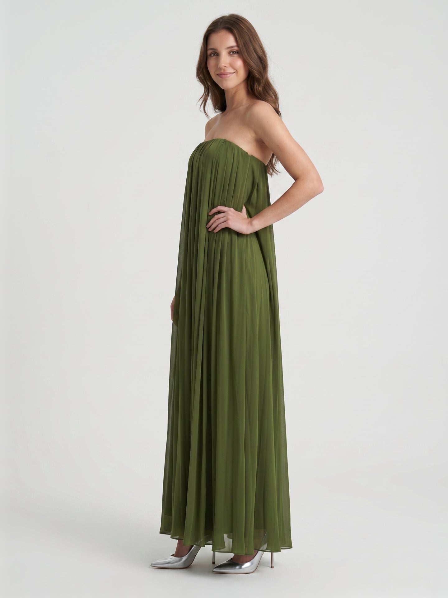 Olive Green Chiffon Sheath Off-the-Shoulder Backless Floor-Length Pleated Dress