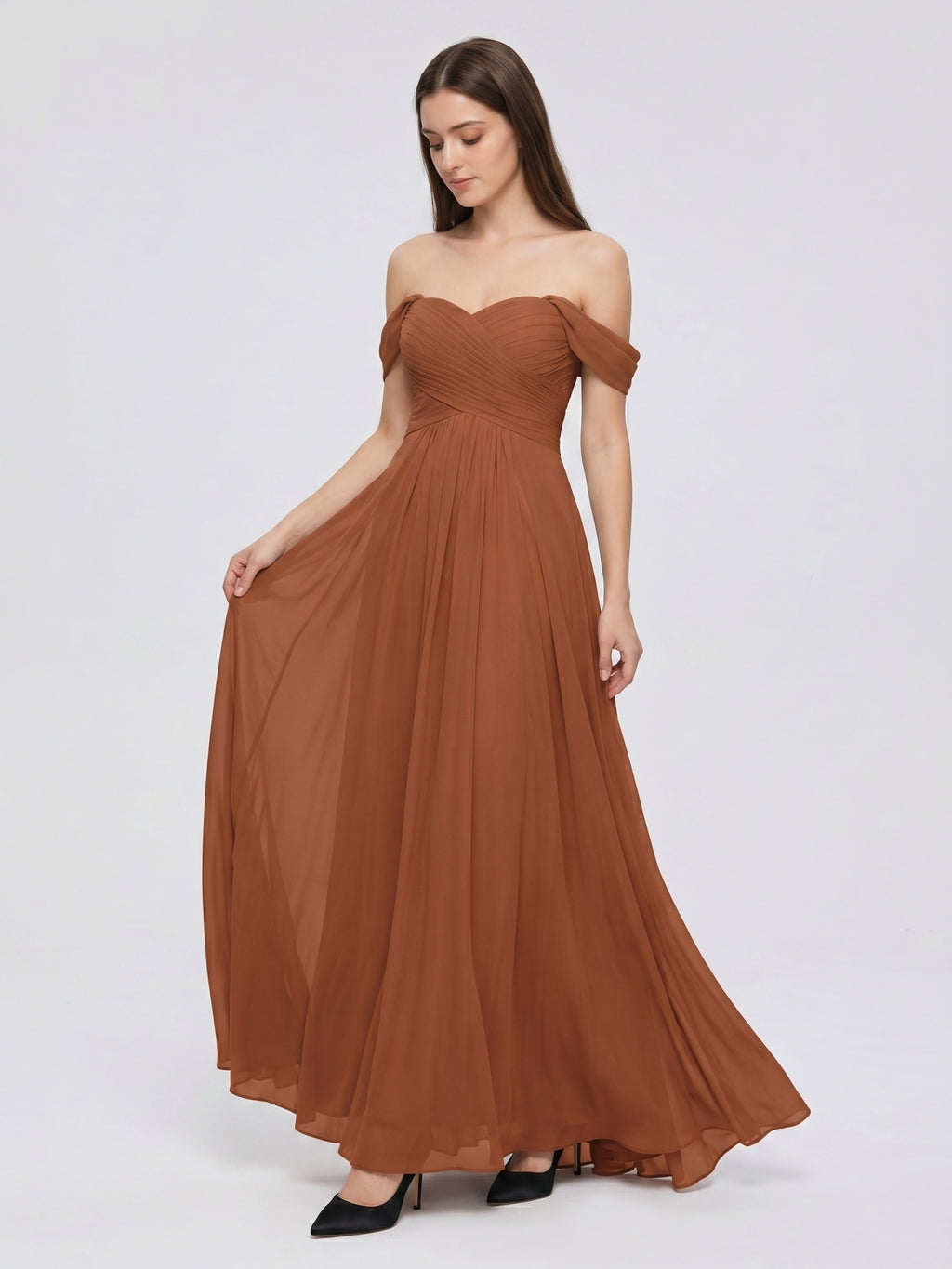 Terracotta Chiffon A-Line Off-the-Shoulder Backless Floor-Length Pleated Dress