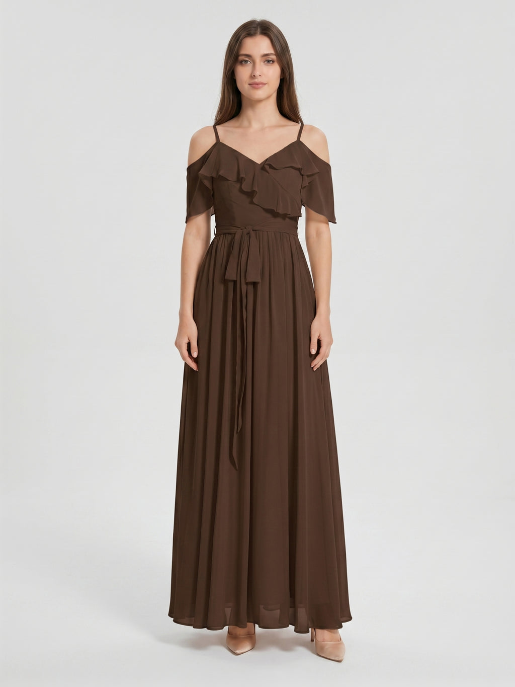 Mocha Chiffon A-Line Off-the-Shoulder V-Back Floor-Length Ruffle Bridesmaid Dress