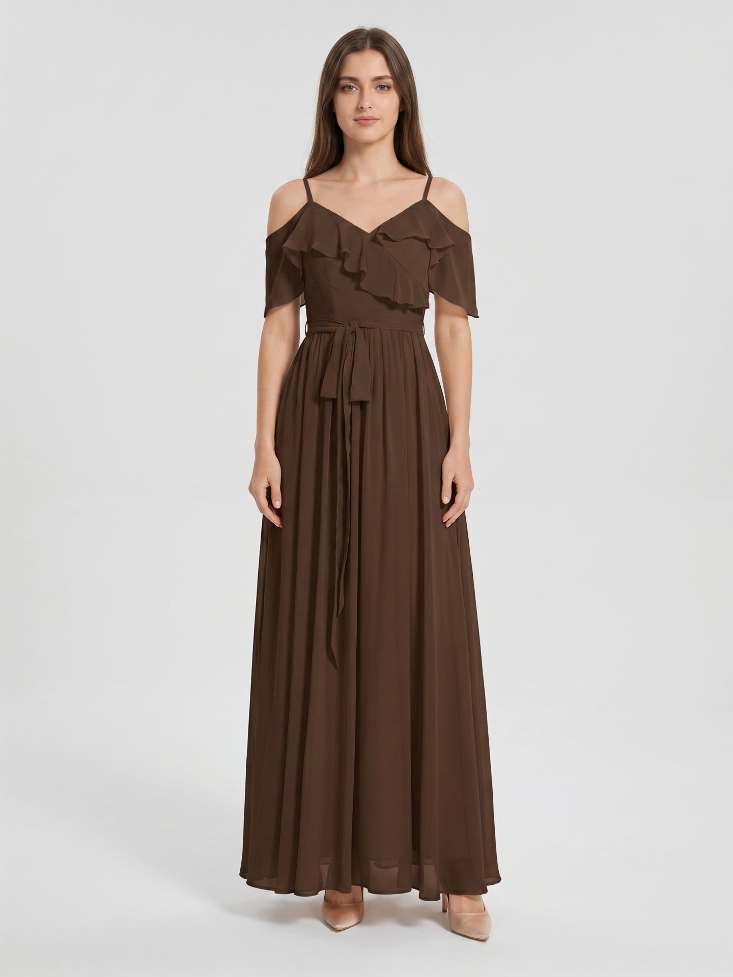 Mocha Chiffon A-Line Off-the-Shoulder V-Back Floor-Length Ruffle Bridesmaid Dress