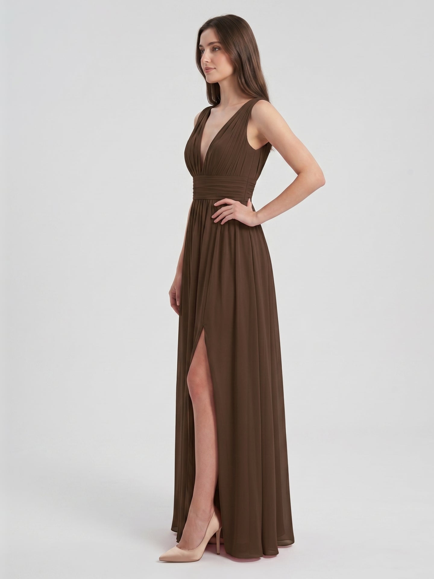 Mocha Chiffon A-Line V-Neck V-Back Ankle-Length Pleated Bridesmaid Dress