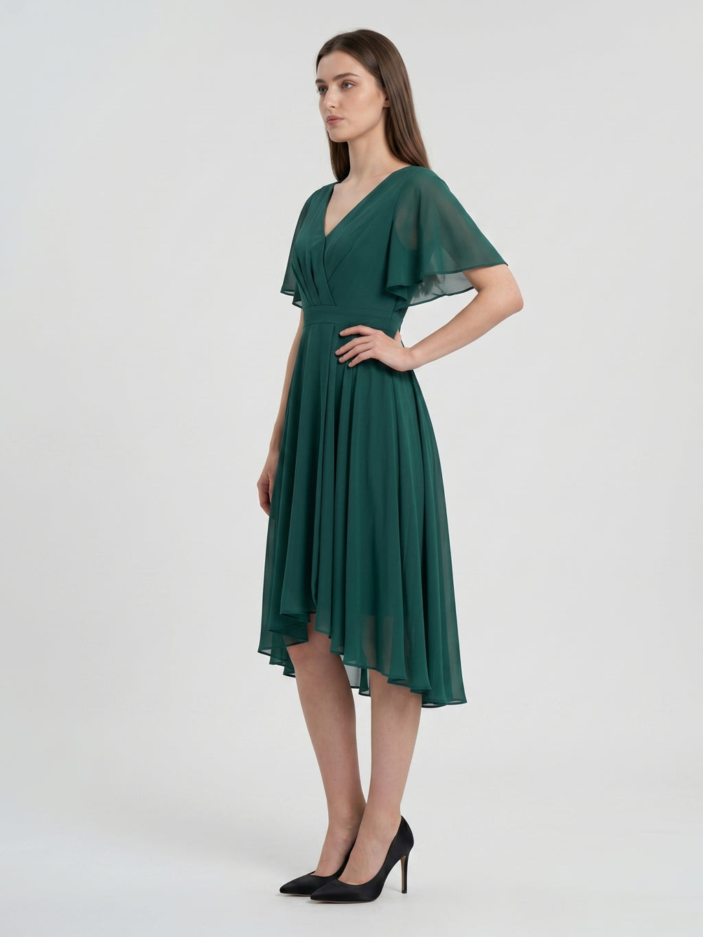 Peacock Chiffon A-Line V-Neck Back Zip Asymmetrical Pleated Bridesmaid Dress