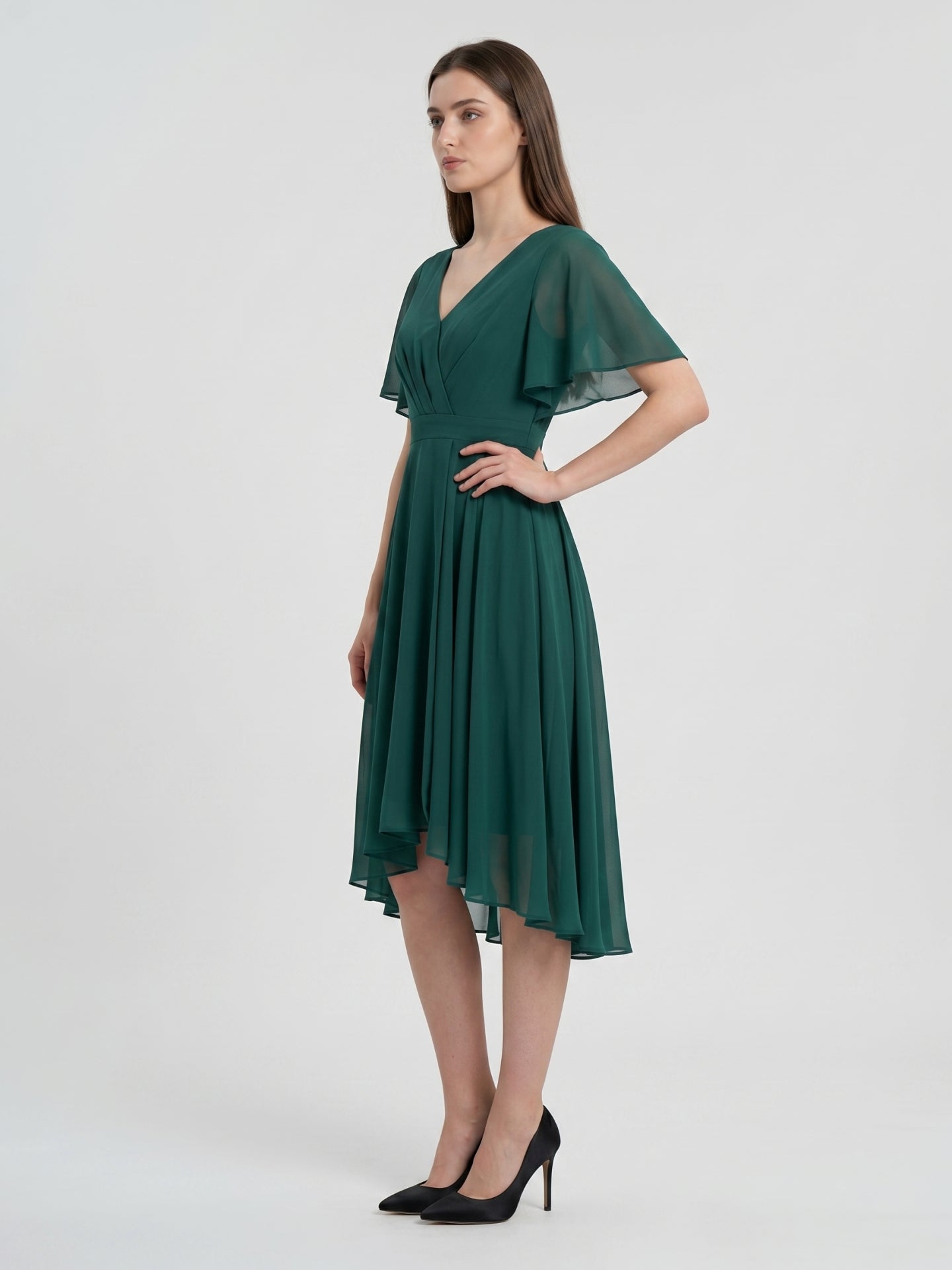 Peacock Chiffon A-Line V-Neck Back Zip Asymmetrical Pleated Bridesmaid Dress