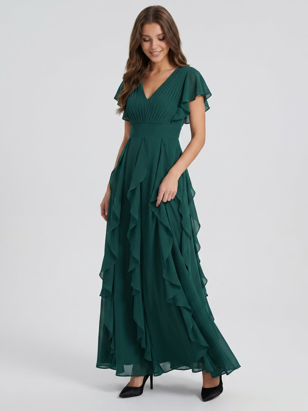 Peacock Chiffon A-Line V-Neck V-Back Floor-Length Ruffle Bridesmaid Dress