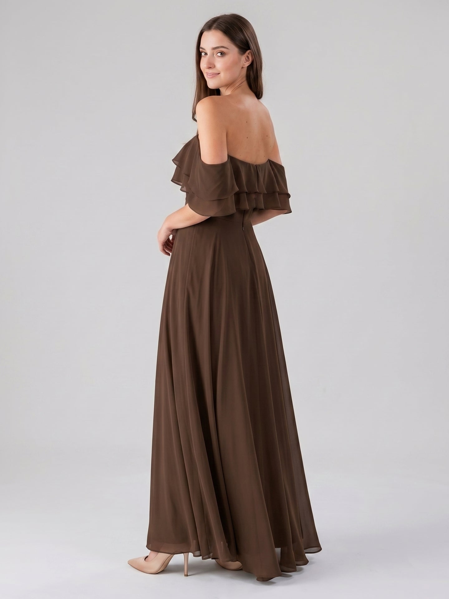 Mocha Chiffon A-Line Off-the-Shoulder Backless Floor-Length Ruffle Bridesmaid Dress
