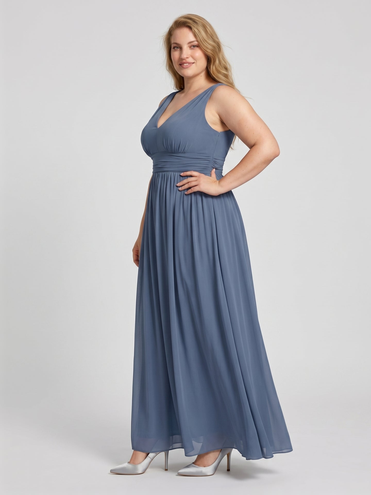Simple Stormy Chiffon Empire V-Neck Back Zip Ankle-Length Plus Size Bridesmaid Dress