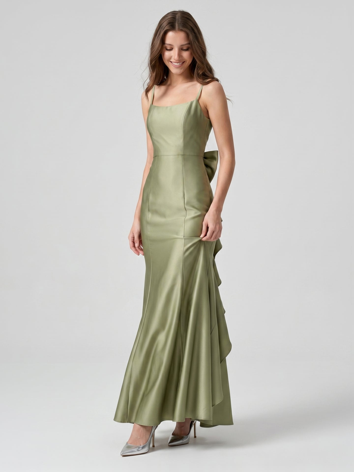 Elegant Sage Green Satin mermaid Straight Neck Backless with Bow Ankle-Length Bridesmaid Dress