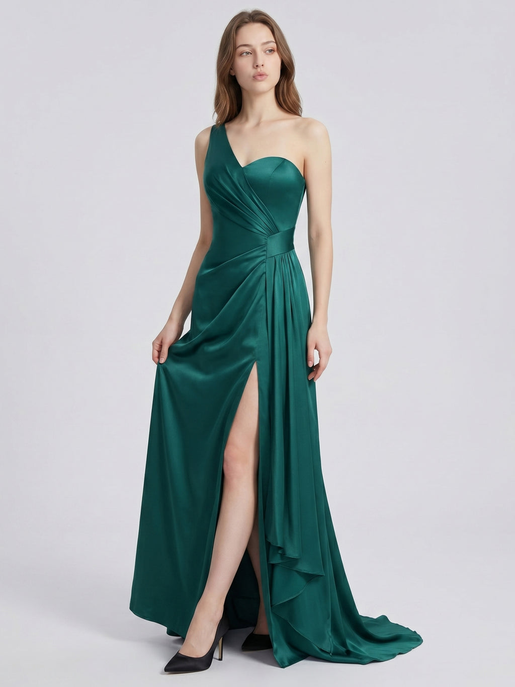 Peacock Satin Sheath One Shoulder Backless Floor-Length Pleated Bridesmaid Dress