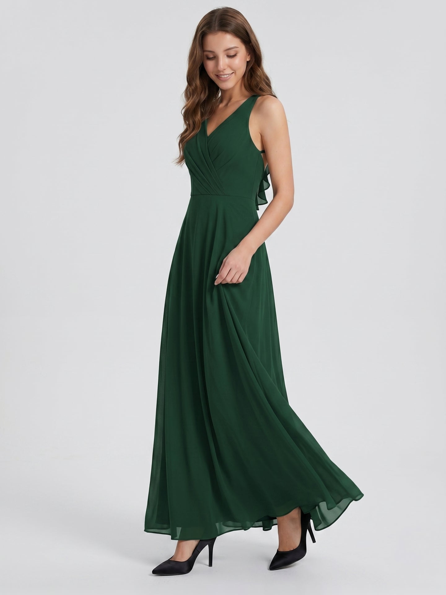 Forest Green Chiffon A-Line Halter Keyhole Back Floor-Length Ruffle Bridesmaid Dress