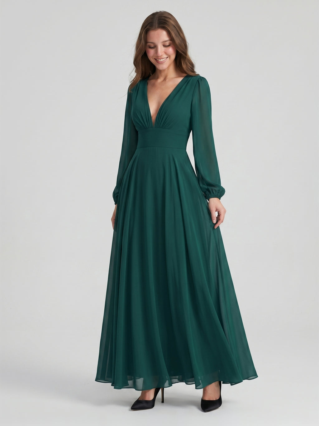 Peacock Chiffon A-Line V-Neck V-Back Floor-Length Bridesmaid Dress
