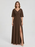 Mocha Chiffon A-Line V-Neck V-Back Ankle-Length Bridesmaid Dress