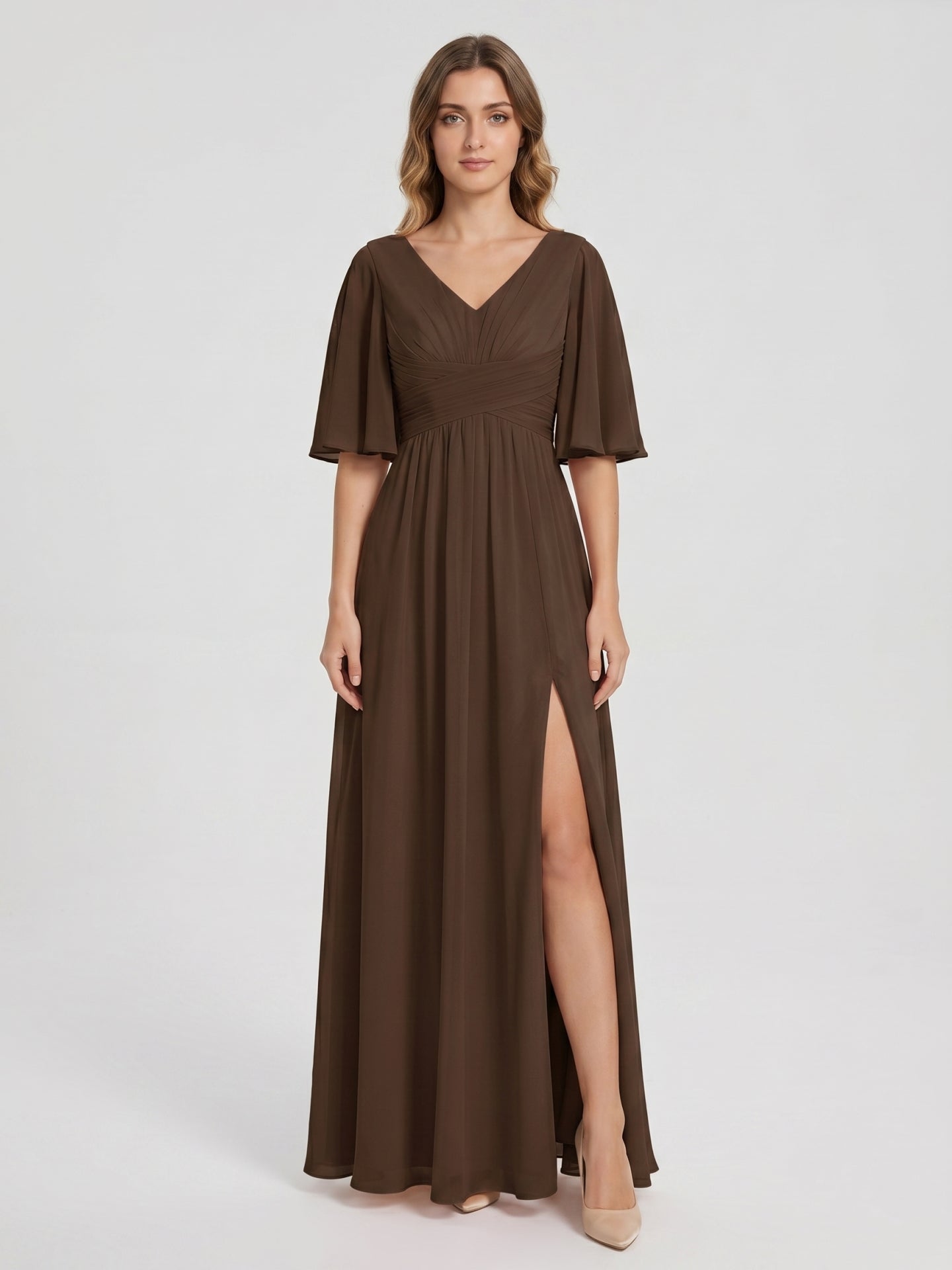 Mocha Chiffon A-Line V-Neck V-Back Ankle-Length Bridesmaid Dress